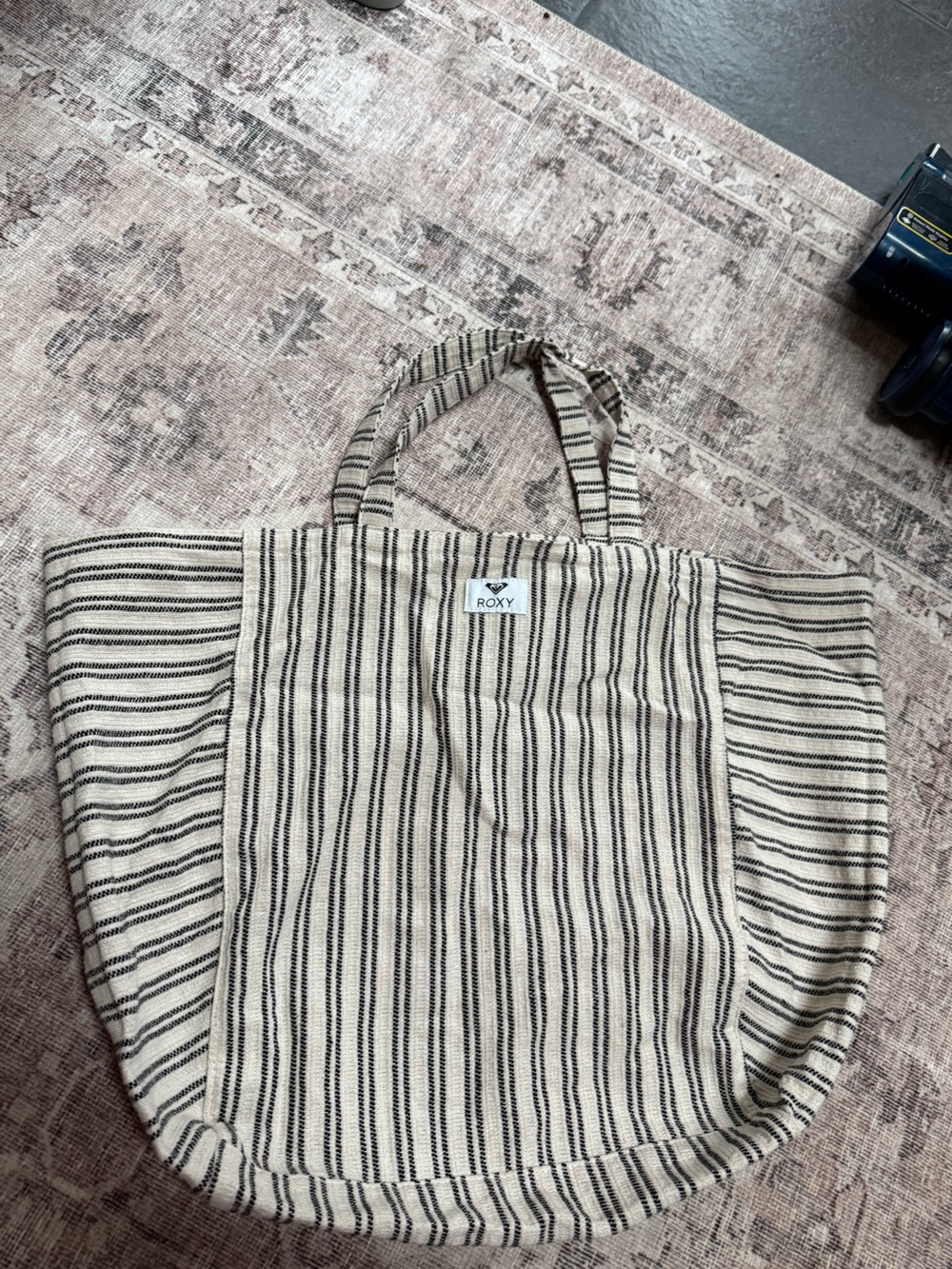 Roxy Cream and Black Striped Canvas Shoulder Tote Beach Bag